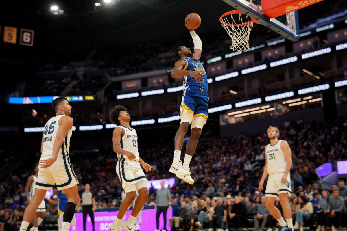 Going for Gold The Warriors' Jonathan Kuminga dunks against the Memphis Grizzlies // PHOTO CREDIT: Cary Edmondson / Imagn Images 