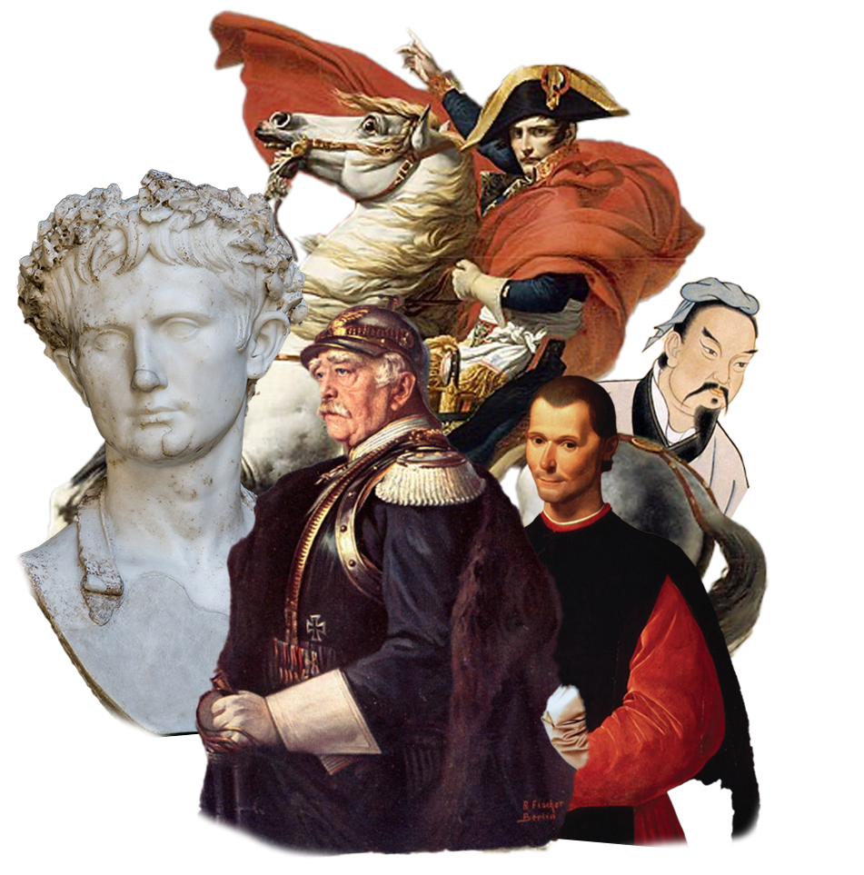 Some of the morally dubious military and political leaders who so often become the subjects of history buffs' obsessions (left to right: Augustus, Bismarck, Napoleon, Machiavelli, Sun Tzu, Douglas MacArthur).