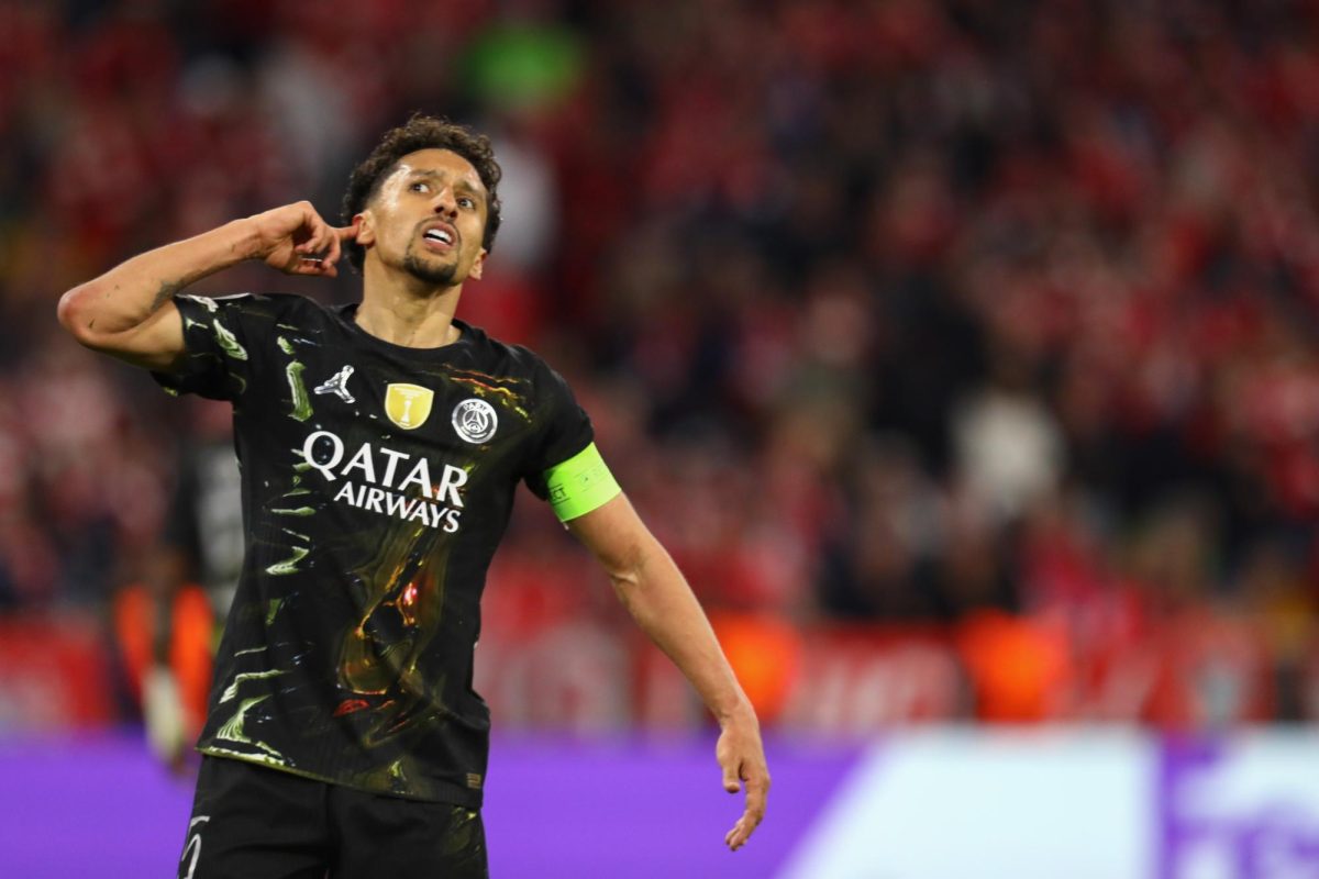 May 6, 2026, Munich, Bavaria, Germany: MARQUINHOS of PSG communicate with the PSG ULTRAS during the UEFA Champions League 2025/26 Semi-final Leg 2 game between Bayern Munich and Paris Saint-Germain at the Allianz Arena in Munich, Germany. The game ended up in a 1:1 draw, and PSG won 6:5 on aggregate to advance to the Final. (Credit Image: © Mickael Chavet/ZUMA Press Wire)