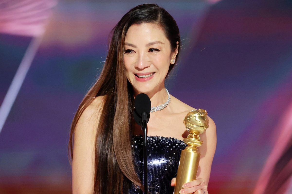 STAR OF THE NIGHT: Michelle Yeoh, star of action, drama, and indie film Everything Everywhere All at Once (2022), accepts a
Golden Globe award for best actress, using her acceptance speech to highlight social issues in Hollywood of race, nationality,
gender, language and age.

Christopher Polk / NBC