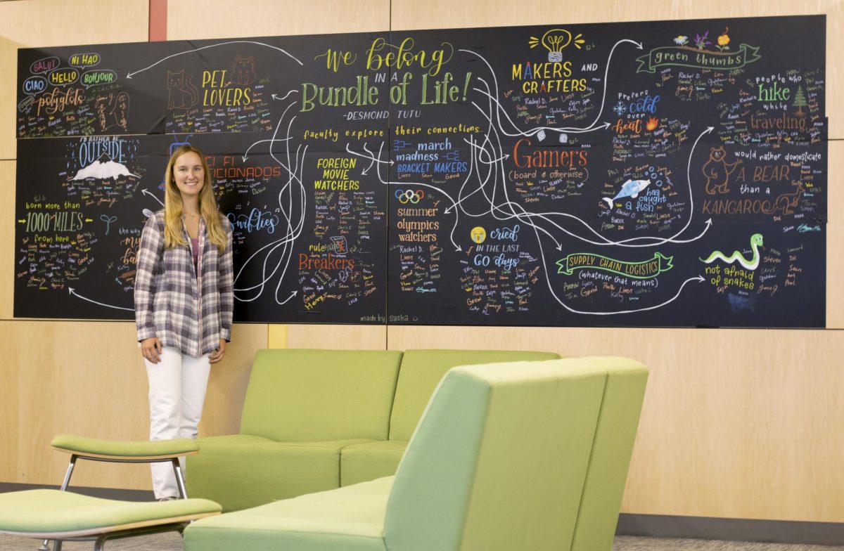 Chalk it Up: Cocquyt stands next to her "Bundle of Life" mural, which teachers collaboratively signed in August. // Photo by Barak Yedidia